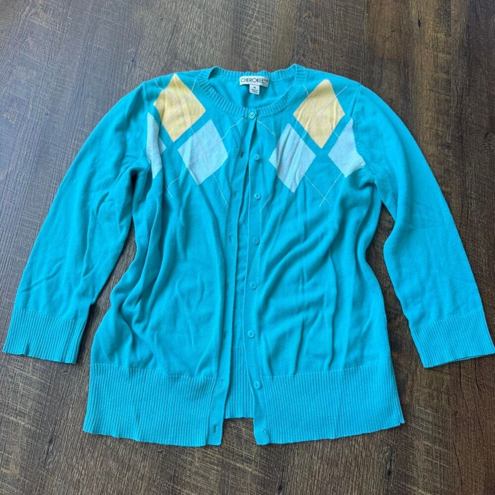Cherokee teal argyle cotton button cardigan